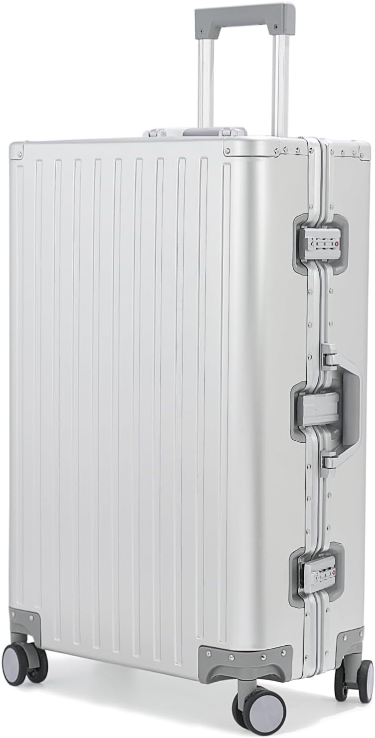 28-inch Aluminum Checked Suitcase: Silver - Full Metal Shell - Crush-Resistant & Burst-Proof, & Spinner Wheels for Business Travel - Men Women
