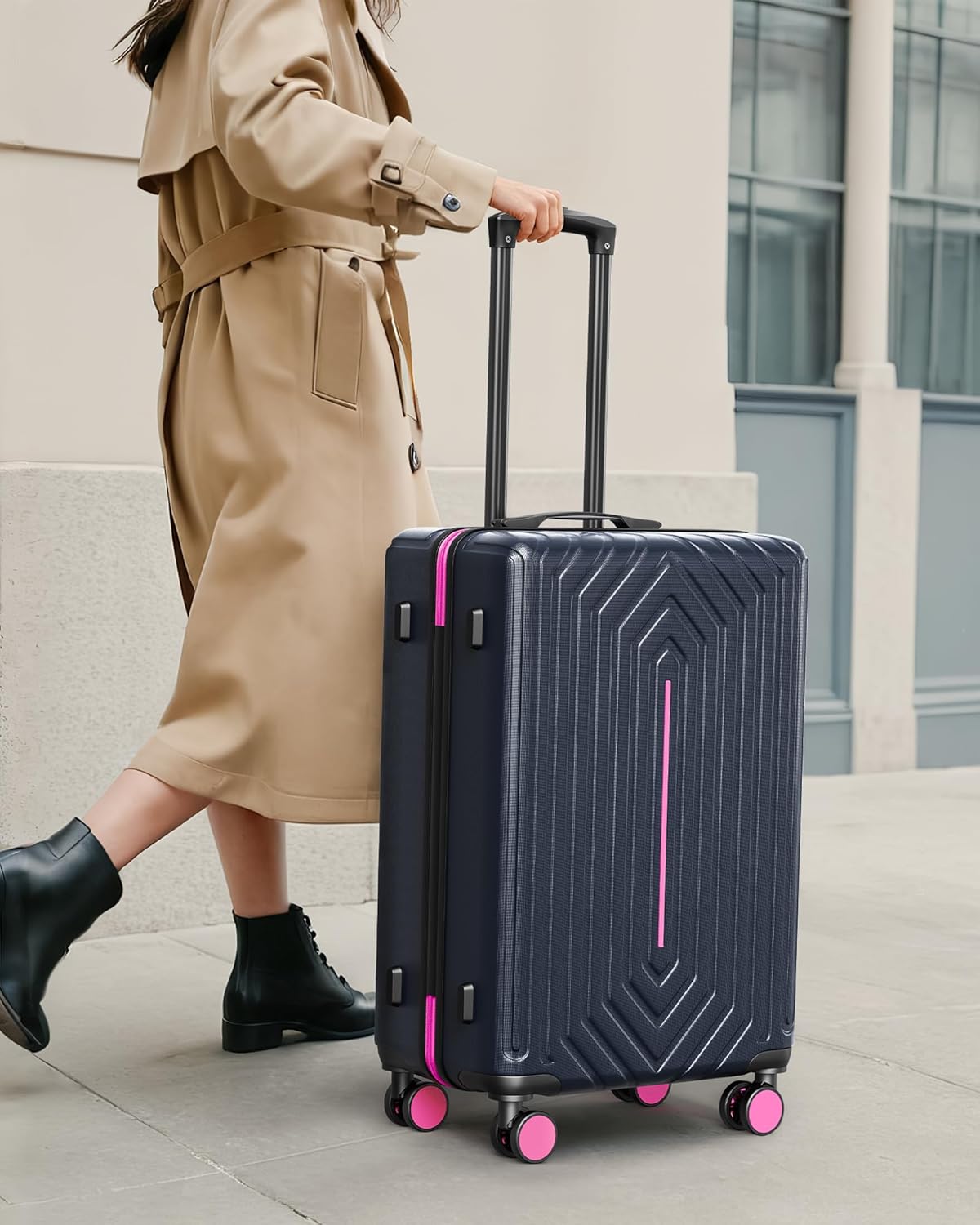 28 inch Luggage Hardside and Lightweight Suitcase with Spinner Wheels for Travel Business,Rose Red With Dark Blue - Image 2