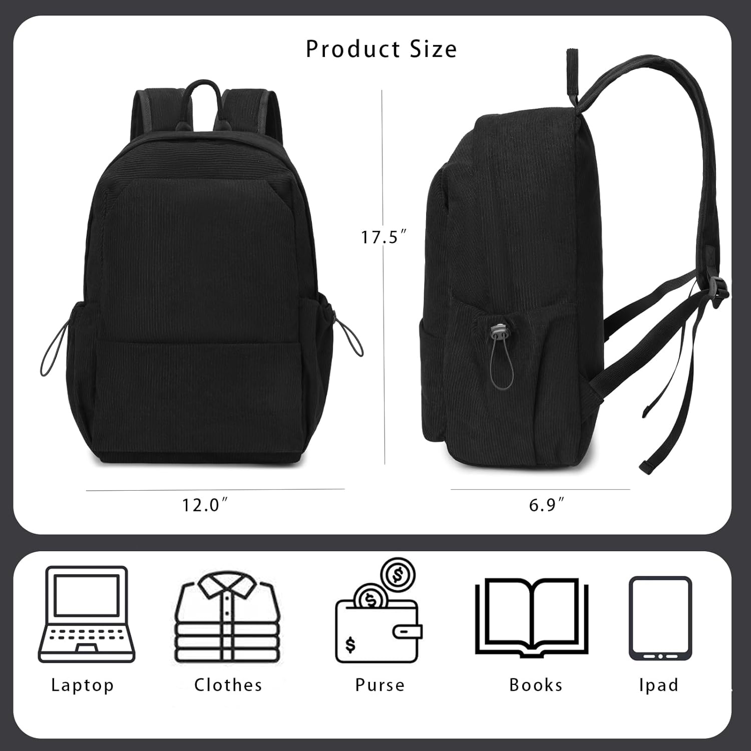 Laptop Backpack for Women and Men, Waterproof Lightweight Travel Daily Rucksack Casual 15.6 inches Computer Bags for , Black Corduroy - Image 2