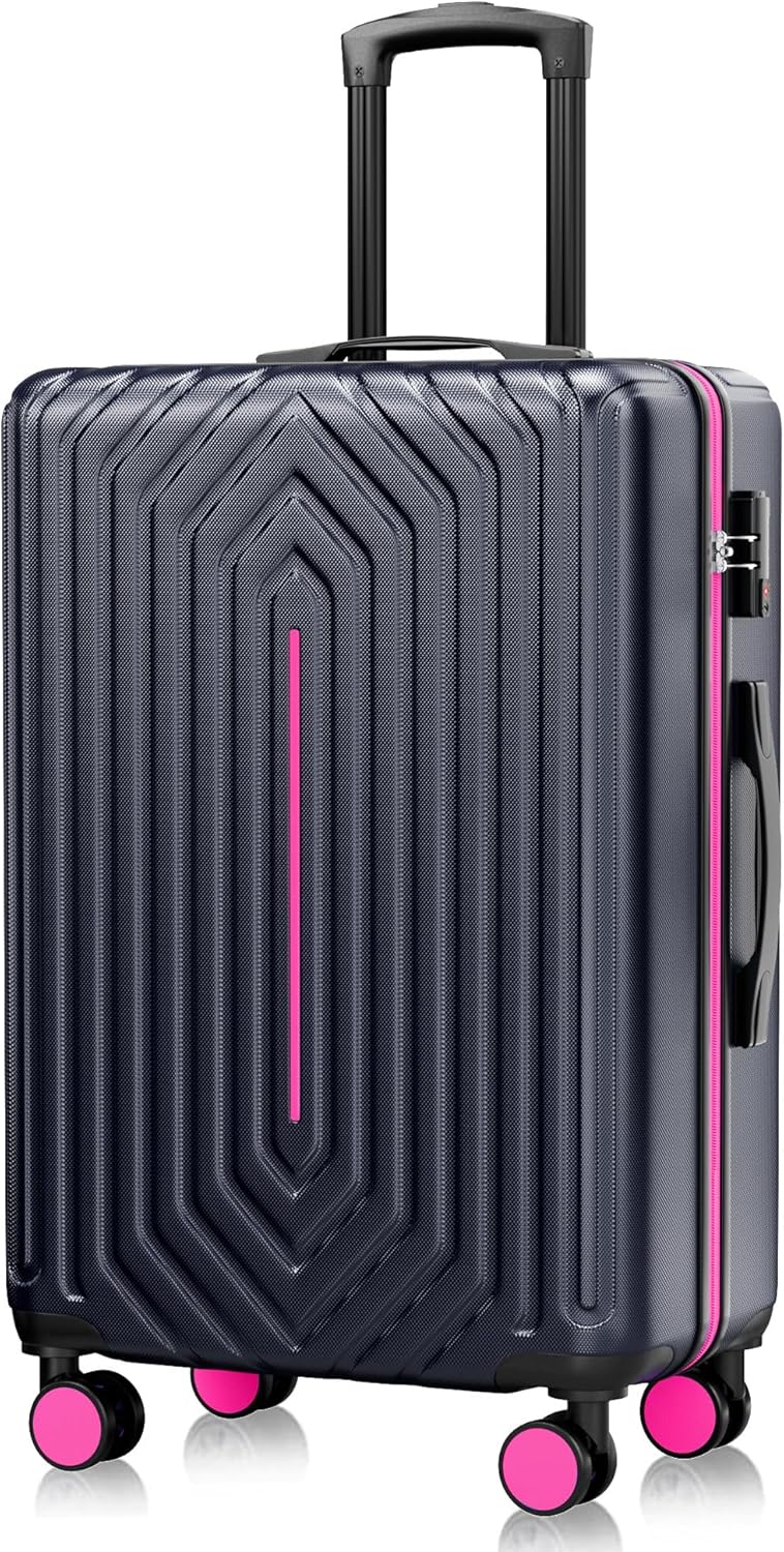 28 inch Luggage Hardside and Lightweight Suitcase with Spinner Wheels for Travel Business,Rose Red With Dark Blue